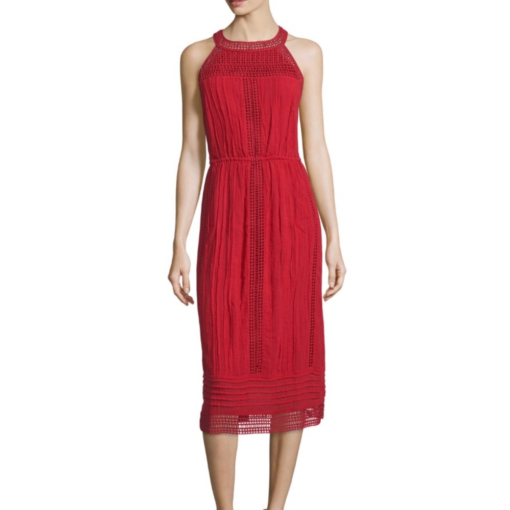 NWT Joie Halter Crochet Midi Dress Women Sz L Red Cottagecore Bohemian Feminine